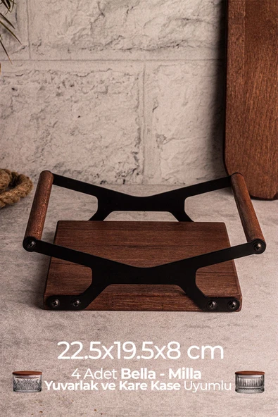 Snippy Grade - Ahşap Tepsi Metal Detay Tepsi 4 Yuvarlak Kare Elysia Timeless Uyumlu Çay Kahve Sunum Tepsisi ürün görseli