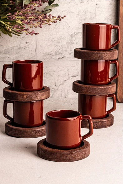 Snippy Flat - El Yapımı Seramik Ahşap Tabaklı Türk Kahvesi Espresso Fincan Seti 12 Parça 6 Kişilik
