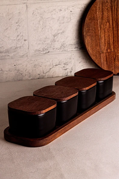 Snippy Luma Siyah - 5 Parça Tepsili Ahşap Vakumlu Kapaklı Seramik Kahvaltılık Kase Çerezlik 300 ml - 7
