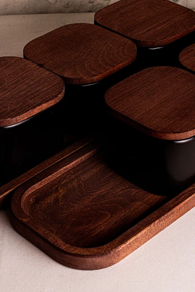 Snippy Luma Siyah - 10 Parça Tepsili Ahşap Vakumlu Kapaklı Seramik Kahvaltılık Kase Çerezlik 300 ml - 6