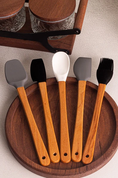 Snippy Daily - 5'li Bambu Saplı Silikon Spatula Seti 21 cm Mutfak Seti Kaşık Spatula Seti - Resim 4