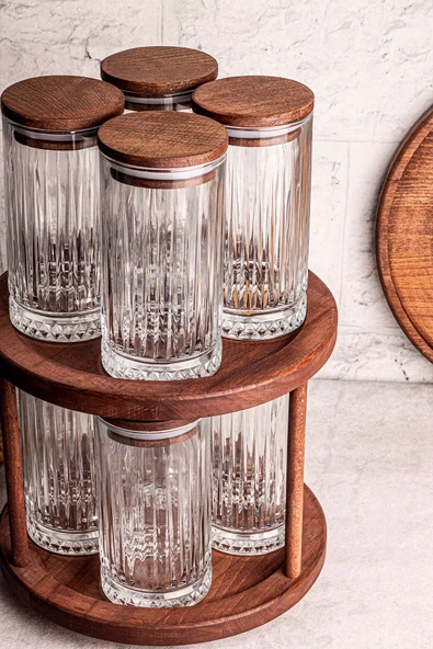 Snippy Tomira - 9 Parça Ahşap Döner Standlı Vakumlu Kapaklı Cam Saklama Kabı Baharatlık Seti 450 ml - Resim 7