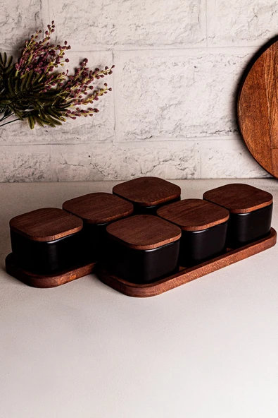 Snippy Luma Siyah - 8 Parça Tepsili Ahşap Vakumlu Kapaklı Seramik Kahvaltılık Kase Çerezlik 300 ml - 2
