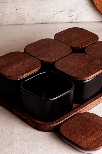 Snippy Luma Siyah - Dikdörtgen Tepsili 6'lı Ahşap Vakumlu Kapaklı Seramik Kahvaltılık Kase Çerezlik 300 ml - 4