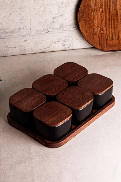 Snippy Luma Siyah - Dikdörtgen Tepsili 6'lı Ahşap Vakumlu Kapaklı Seramik Kahvaltılık Kase Çerezlik 300 ml - 5