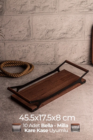 Snippy Grade - Ahşap Tepsi Metal Detaylı Tepsi 10 Kare Elysia Timeless Uyumlu Çay Kahve Sunum Tepsisi