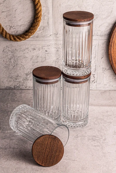 Snippy Mira 4'lü Ahşap Vakumlu Kapaklı Cam Saklama Kabı 450 ml 4 Adet ürün görseli
