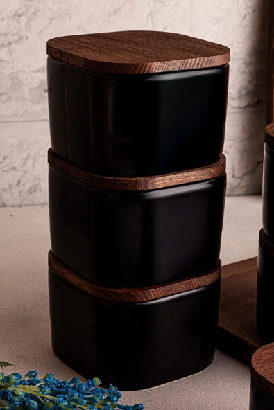 Snippy Luma Siyah - 6'lı Ahşap Vakumlu Kapaklı Seramik Kahvaltılık Çok Amaçlı Seramik Kase Çerezlik 300 ml - 2