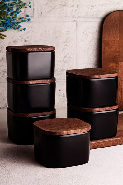 Snippy Luma Siyah - 6'lı Ahşap Vakumlu Kapaklı Seramik Kahvaltılık Çok Amaçlı Seramik Kase Çerezlik 300 ml