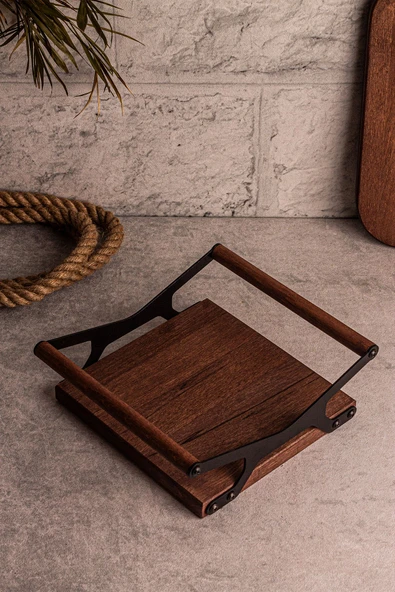 Snippy Grade - Ahşap Tepsi Metal Detay Tepsi 4 Yuvarlak Kare Elysia Timeless Uyumlu Çay Kahve Sunum Tepsisi - Resim 6