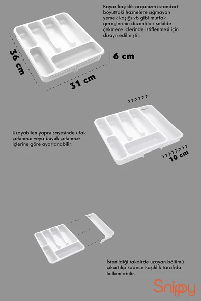 Snippy Spony - Tek Taraflı Uzayabilen Ayarlanabilir Pratik Çekmece Içi Kaşıklık Düzenleyici , Kepçelik - Resim 3