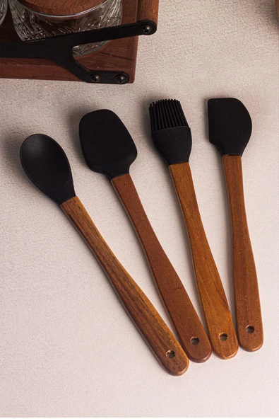 Snippy Milly Siyah - 4'lü Akasya Saplı Siyah Silikon Spatula Seti 21 cm Mutfak Seti Doğal Kaşık Seti - 8