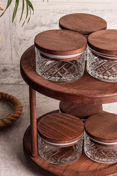 Snippy Tomby Milla - 7 Parça Ahşap Döner Standlı Vakumlu Kapaklı Cam Saklama Kabı Baharatlık Seti 235 ml - Resim 2