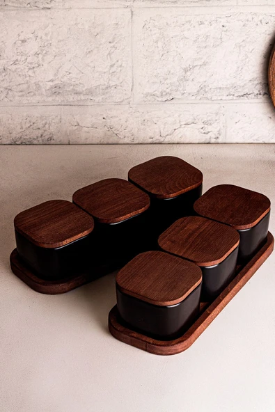 Snippy Luma Siyah - 8 Parça Tepsili Ahşap Vakumlu Kapaklı Seramik Kahvaltılık Kase Çerezlik 300 ml - 5