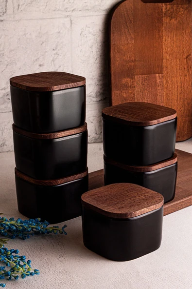 Snippy Luma Siyah - 6'lı Ahşap Vakumlu Kapaklı Seramik Kahvaltılık Çok Amaçlı Seramik Kase Çerezlik 300 ml - 3