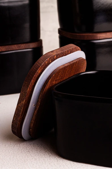 Snippy Luma Siyah - 6'lı Ahşap Vakumlu Kapaklı Seramik Kahvaltılık Çok Amaçlı Seramik Kase Çerezlik 300 ml - 8