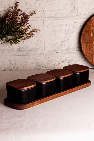 Snippy Luma Siyah - 5 Parça Tepsili Ahşap Vakumlu Kapaklı Seramik Kahvaltılık Kase Çerezlik 300 ml