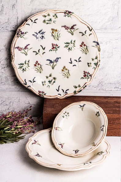Snippy Wild - 18 Parça 6 Kişilik Porselen Yemek Takımı Kenarları Silik Vintage Tuval Model Porselen Tabak - 2