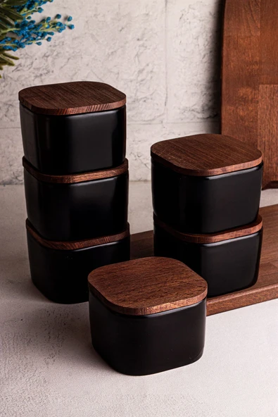 Snippy Luma Siyah - 6'lı Ahşap Vakumlu Kapaklı Seramik Kahvaltılık Çok Amaçlı Seramik Kase Çerezlik 300 ml - 6