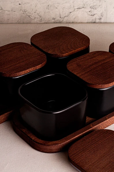 Snippy Luma Siyah - 8 Parça Tepsili Ahşap Vakumlu Kapaklı Seramik Kahvaltılık Kase Çerezlik 300 ml - 3