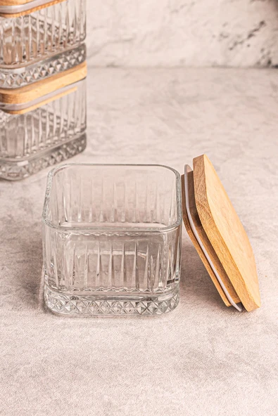 Snippy Bella Soft Kare 6'lı Ahşap Vakumlu Kare Kapaklı Cam Kahvaltılık Çok Amaçlı Cam Çerezlik 230 ml - Resim 5