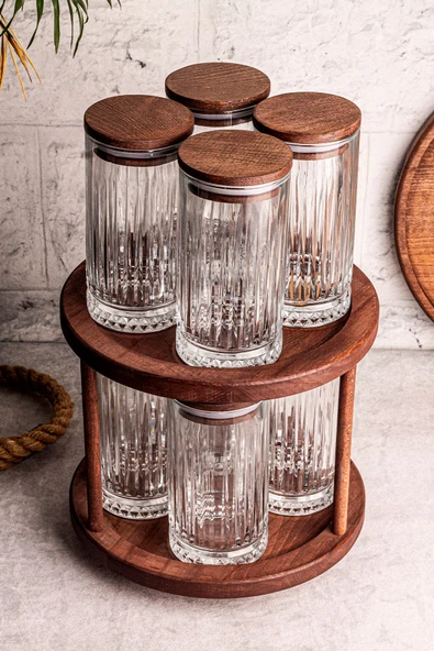 Snippy Tomira - 9 Parça Ahşap Döner Standlı Vakumlu Kapaklı Cam Saklama Kabı Baharatlık Seti 450 ml ürün görseli