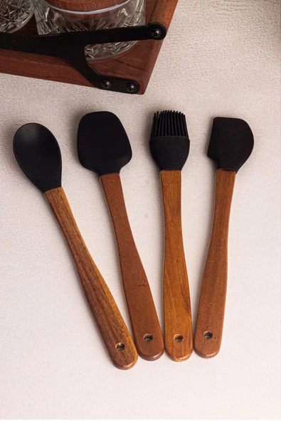 Snippy Milly Siyah - 4'lü Akasya Saplı Siyah Silikon Spatula Seti 21 cm Mutfak Seti Doğal Kaşık Seti - 6