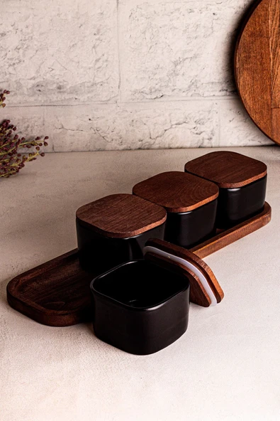 Snippy Luma Siyah - 5 Parça Tepsili Ahşap Vakumlu Kapaklı Seramik Kahvaltılık Kase Çerezlik 300 ml - 3
