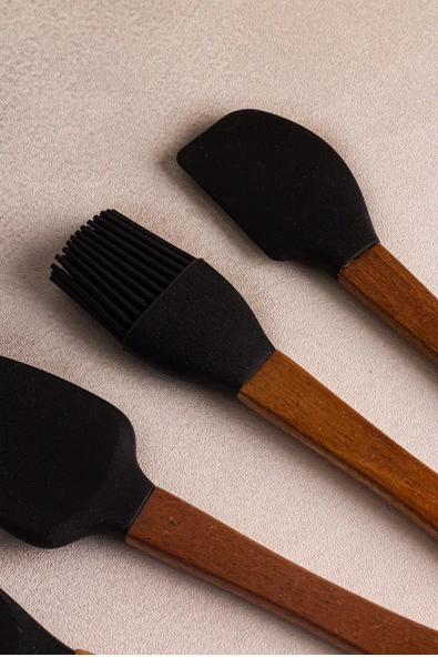 Snippy Milly Siyah - 4'lü Akasya Saplı Siyah Silikon Spatula Seti 21 cm Mutfak Seti Doğal Kaşık Seti - 5