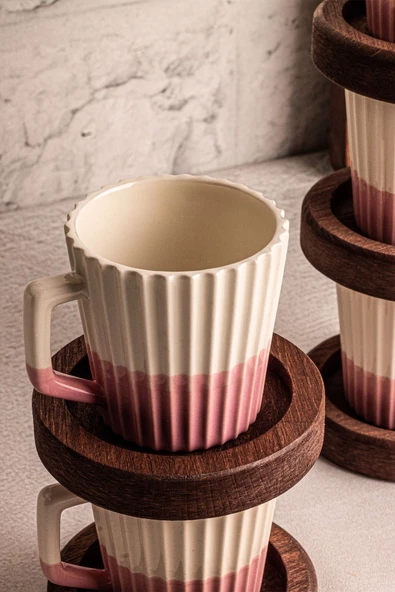 Snippy Wale - El Yapımı Seramik Ahşap Tabaklı Türk Kahvesi Espresso Fincan Seti 12 Parça 6 Kişilik - 5