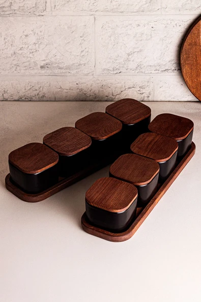 Snippy Luma Siyah - 10 Parça Tepsili Ahşap Vakumlu Kapaklı Seramik Kahvaltılık Kase Çerezlik 300 ml - 5