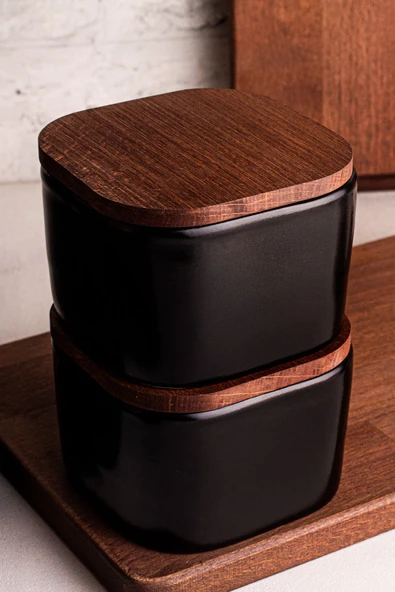 Snippy Luma Siyah - 6'lı Ahşap Vakumlu Kapaklı Seramik Kahvaltılık Çok Amaçlı Seramik Kase Çerezlik 300 ml - 4