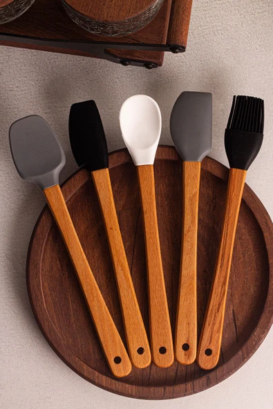 Snippy Daily - 5'li Bambu Saplı Silikon Spatula Seti 21 cm Mutfak Seti Kaşık Spatula Seti