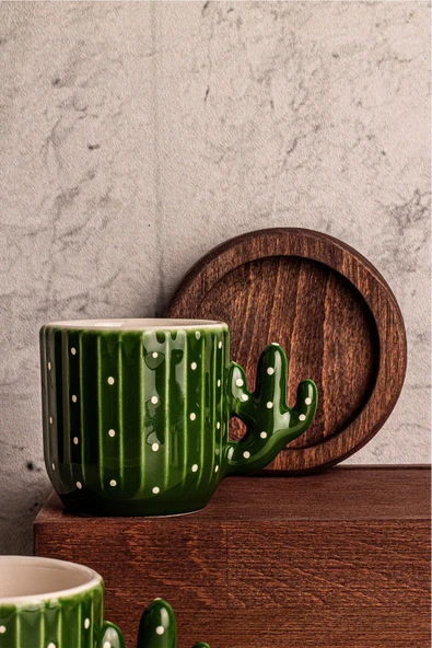 Snippy Kaktüs - 4 Parça 2 Kişilik El Yapımı Seramik Ahşap Tabaklı Türk Kahvesi Espresso Fincan Seti - 2