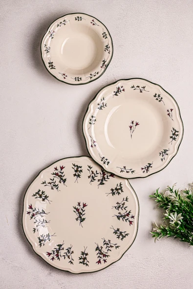 Snippy Khaki - 18 Parça 6 Kişilik Porselen Yemek Takımı Kenarları Silik Vintage Tuval Model Porselen Tabak