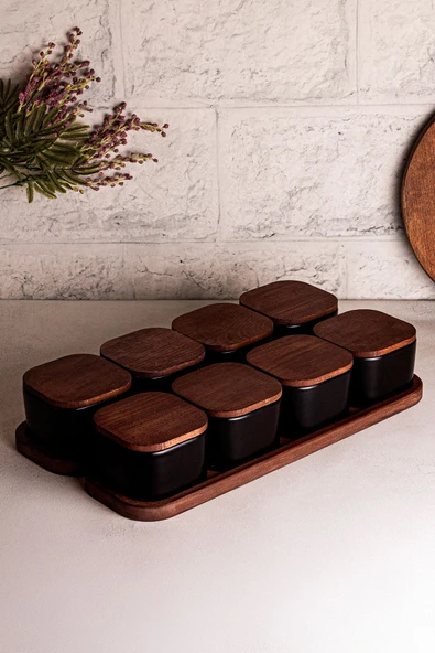 Snippy Luma Siyah - 10 Parça Tepsili Ahşap Vakumlu Kapaklı Seramik Kahvaltılık Kase Çerezlik 300 ml