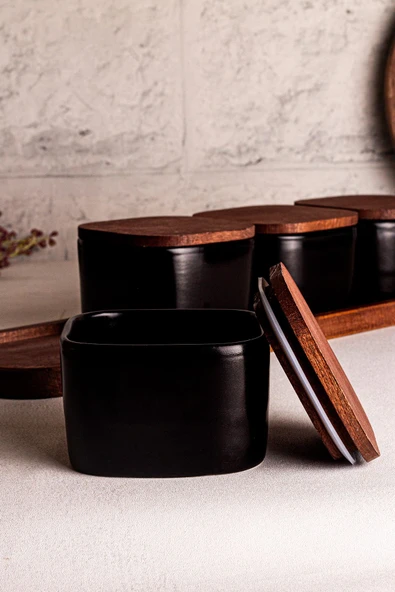 Snippy Luma Siyah - 5 Parça Tepsili Ahşap Vakumlu Kapaklı Seramik Kahvaltılık Kase Çerezlik 300 ml - 2