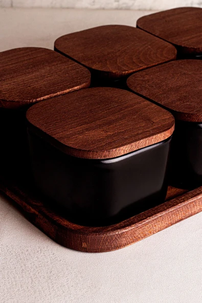 Snippy Luma Siyah - Dikdörtgen Tepsili 6'lı Ahşap Vakumlu Kapaklı Seramik Kahvaltılık Kase Çerezlik 300 ml - 2