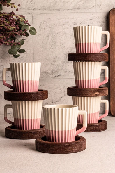 Snippy Wale - El Yapımı Seramik Ahşap Tabaklı Türk Kahvesi Espresso Fincan Seti 12 Parça 6 Kişilik - 3