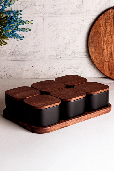 Snippy Luma Siyah - Dikdörtgen Tepsili 6'lı Ahşap Vakumlu Kapaklı Seramik Kahvaltılık Kase Çerezlik 300 ml