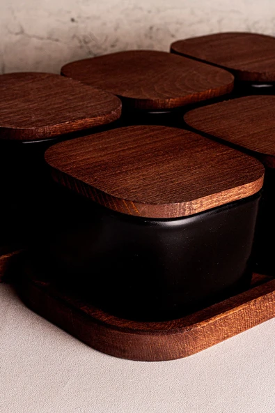 Snippy Luma Siyah - 10 Parça Tepsili Ahşap Vakumlu Kapaklı Seramik Kahvaltılık Kase Çerezlik 300 ml - 7