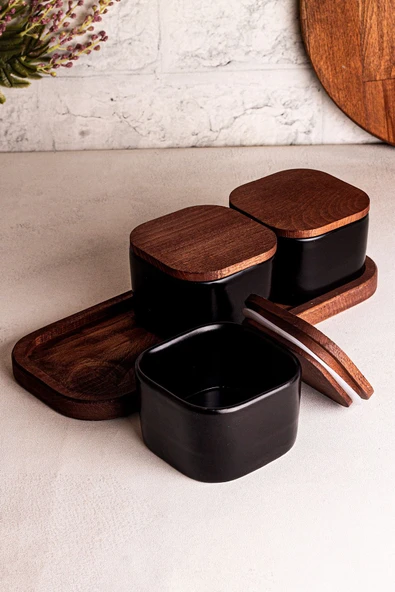 Snippy Luma Siyah - 4 Parça Tepsili Ahşap Vakumlu Kapaklı Seramik Kahvaltılık Kase Çerezlik 300 ml - 3