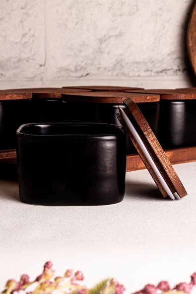 Snippy Luma Siyah - 10 Parça Tepsili Ahşap Vakumlu Kapaklı Seramik Kahvaltılık Kase Çerezlik 300 ml - 4