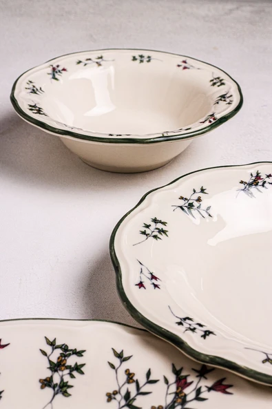 Snippy Khaki - 18 Parça 6 Kişilik Porselen Yemek Takımı Kenarları Silik Vintage Tuval Model Porselen Tabak - 5