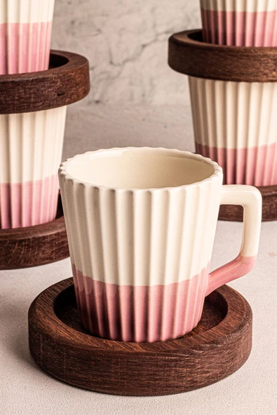 Snippy Wale - El Yapımı Seramik Ahşap Tabaklı Türk Kahvesi Espresso Fincan Seti 12 Parça 6 Kişilik - 2