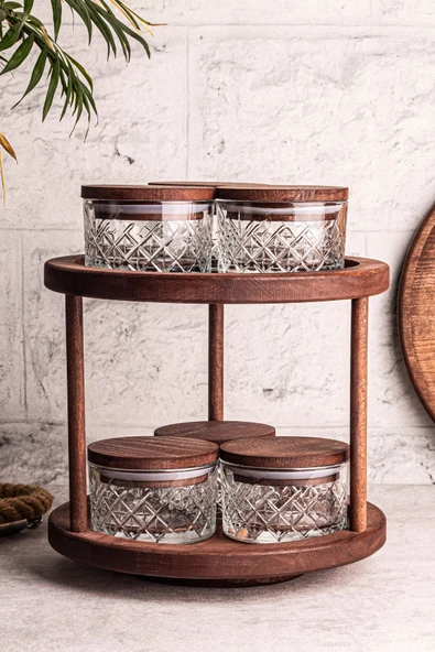 Snippy Tomby Milla - 7 Parça Ahşap Döner Standlı Vakumlu Kapaklı Cam Saklama Kabı Baharatlık Seti 235 ml - Resim 6