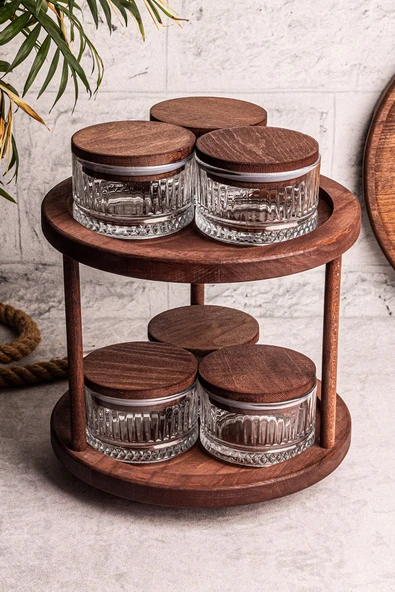 Snippy Tomby Bella - 7 Parça Ahşap Döner Standlı Vakumlu Kapaklı Cam Saklama Kabı Baharatlık Seti 235 ml ürün görseli