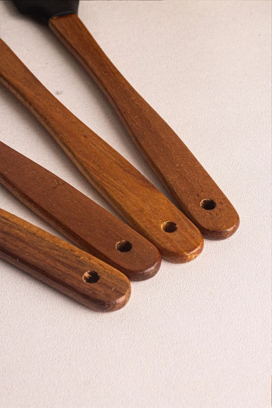 Snippy Milly Siyah - 4'lü Akasya Saplı Siyah Silikon Spatula Seti 21 cm Mutfak Seti Doğal Kaşık Seti - 3