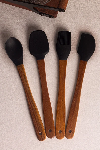 Snippy Milly Siyah - 4'lü Akasya Saplı Siyah Silikon Spatula Seti 21 cm Mutfak Seti Doğal Kaşık Seti