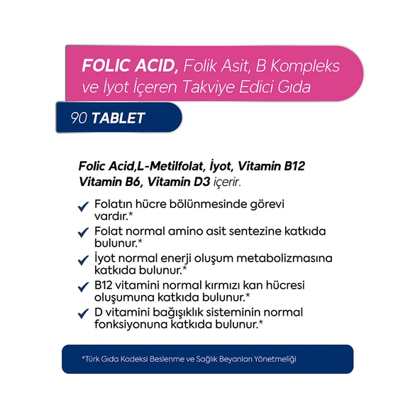 Iyot, Vitamin B6 Ve B12 (metilkobalamin) Folik Asit Içeren Takviye Edici Gıda 90 Kapsül - Resim 2
